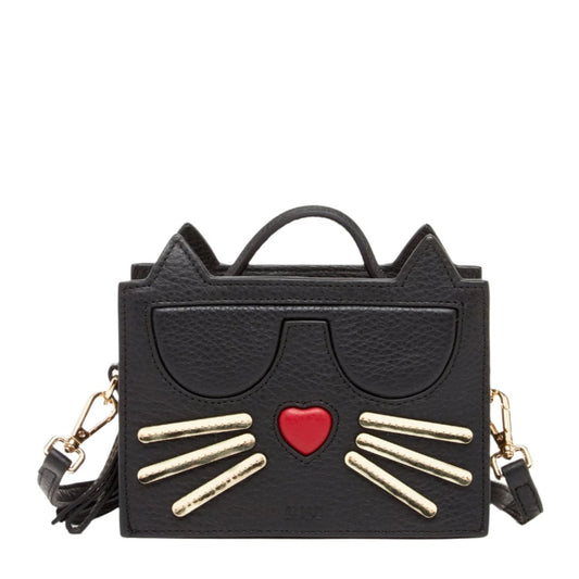 Black Leather Cat Crossbody Bag