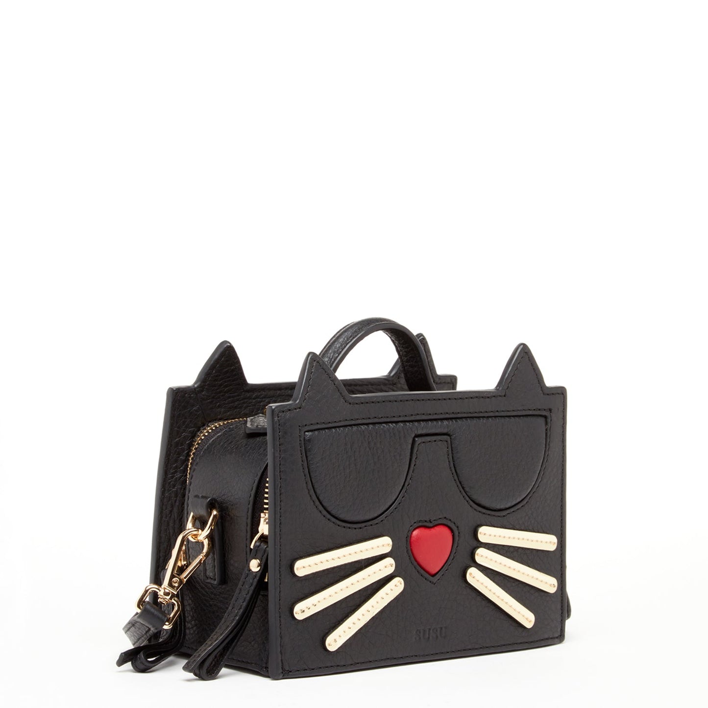 Black Leather Cat Crossbody Bag