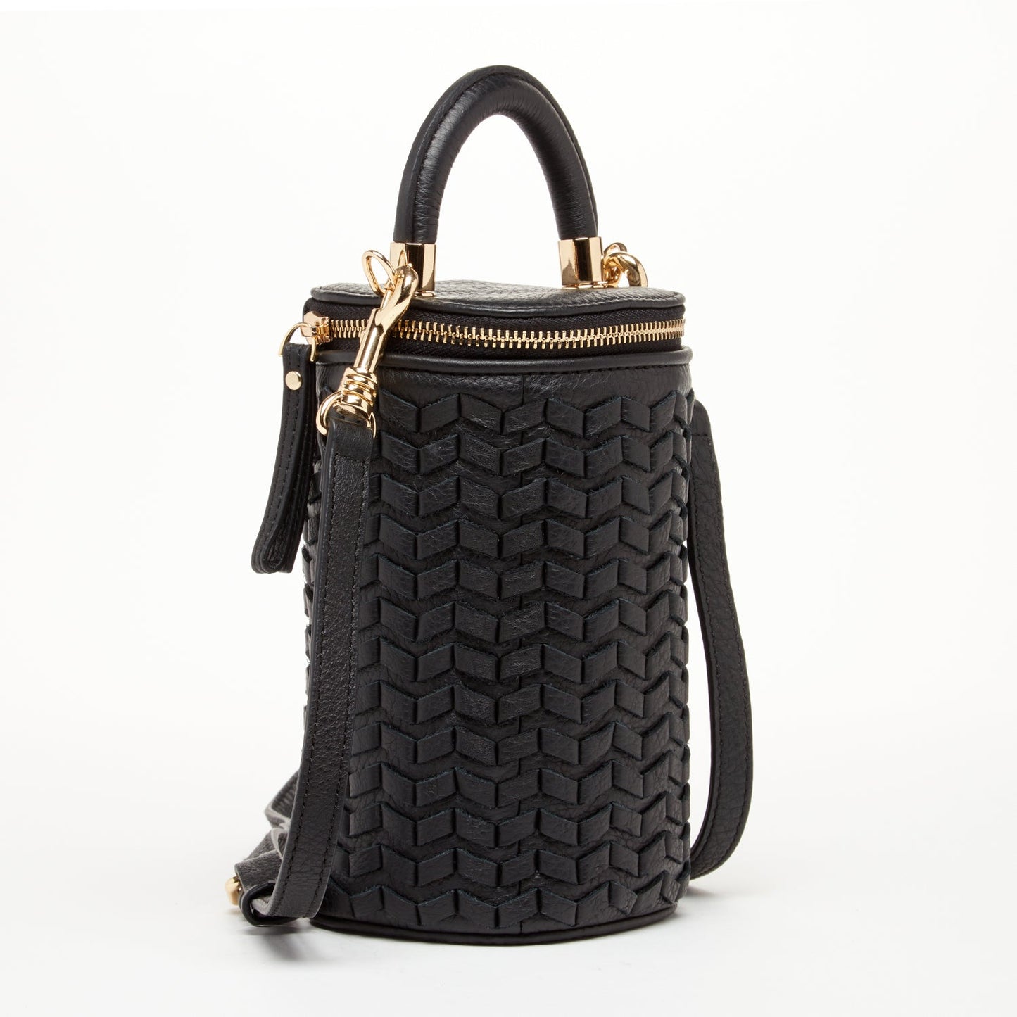 Elsa Black Woven Leather Mini Bucket Bag