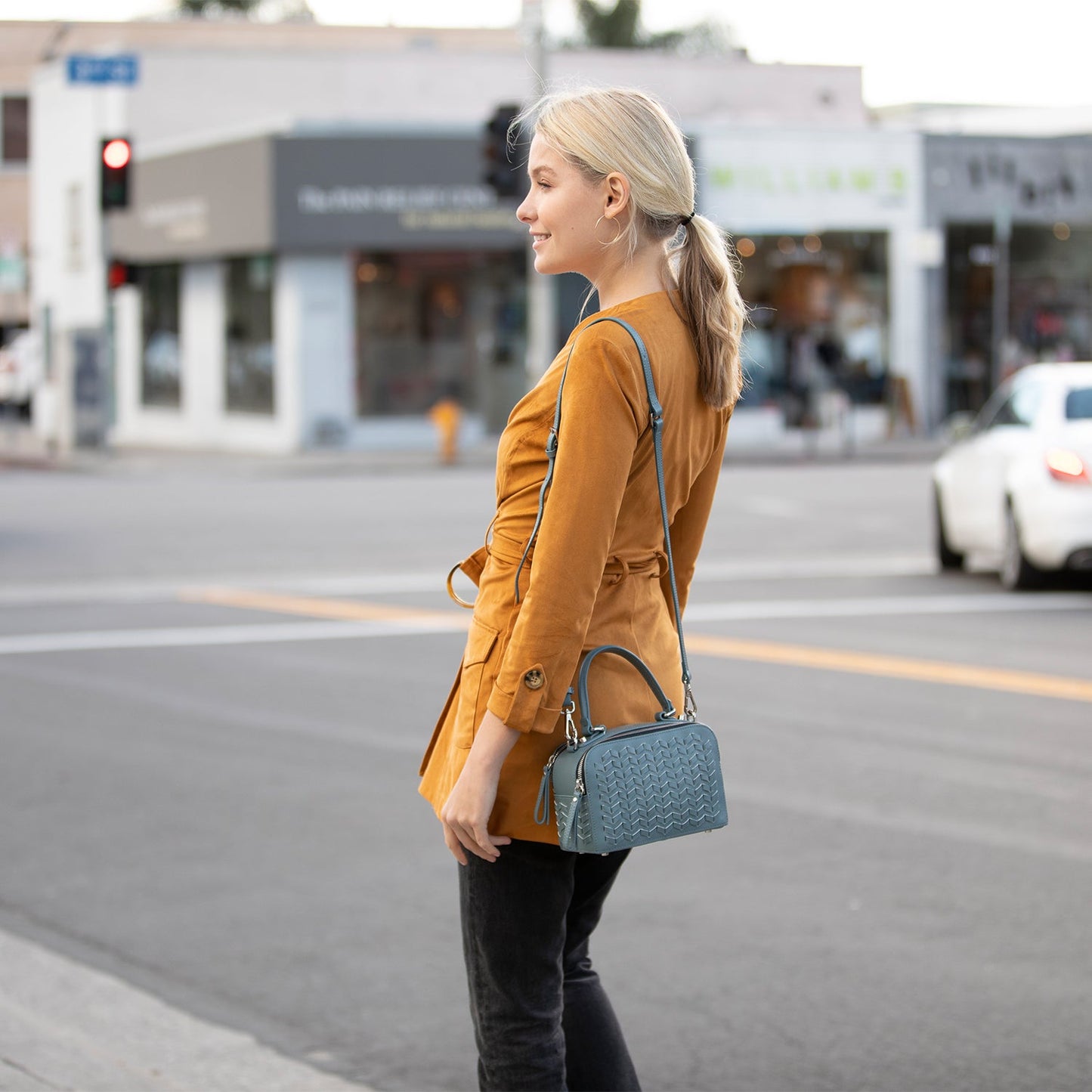 Kayla Blue Woven Leather Crossbody