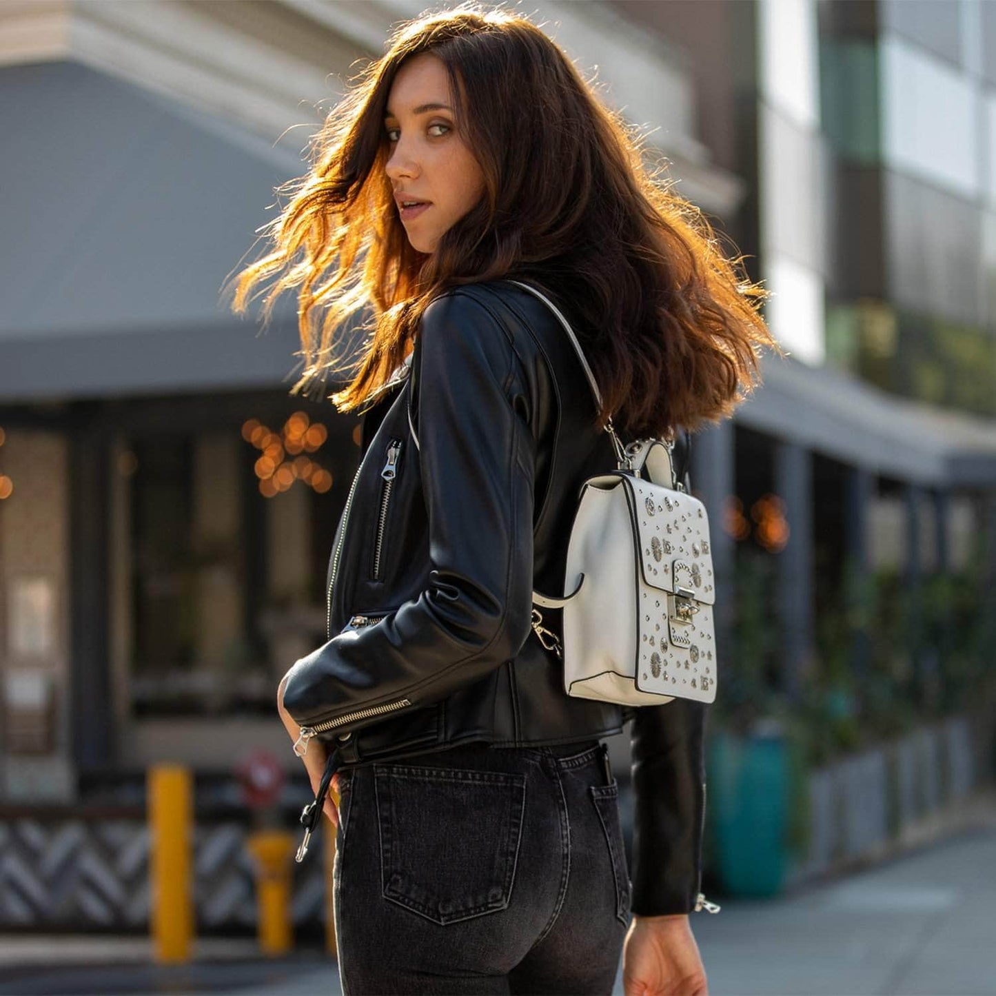 Hollywood White Leather Backpack Purse