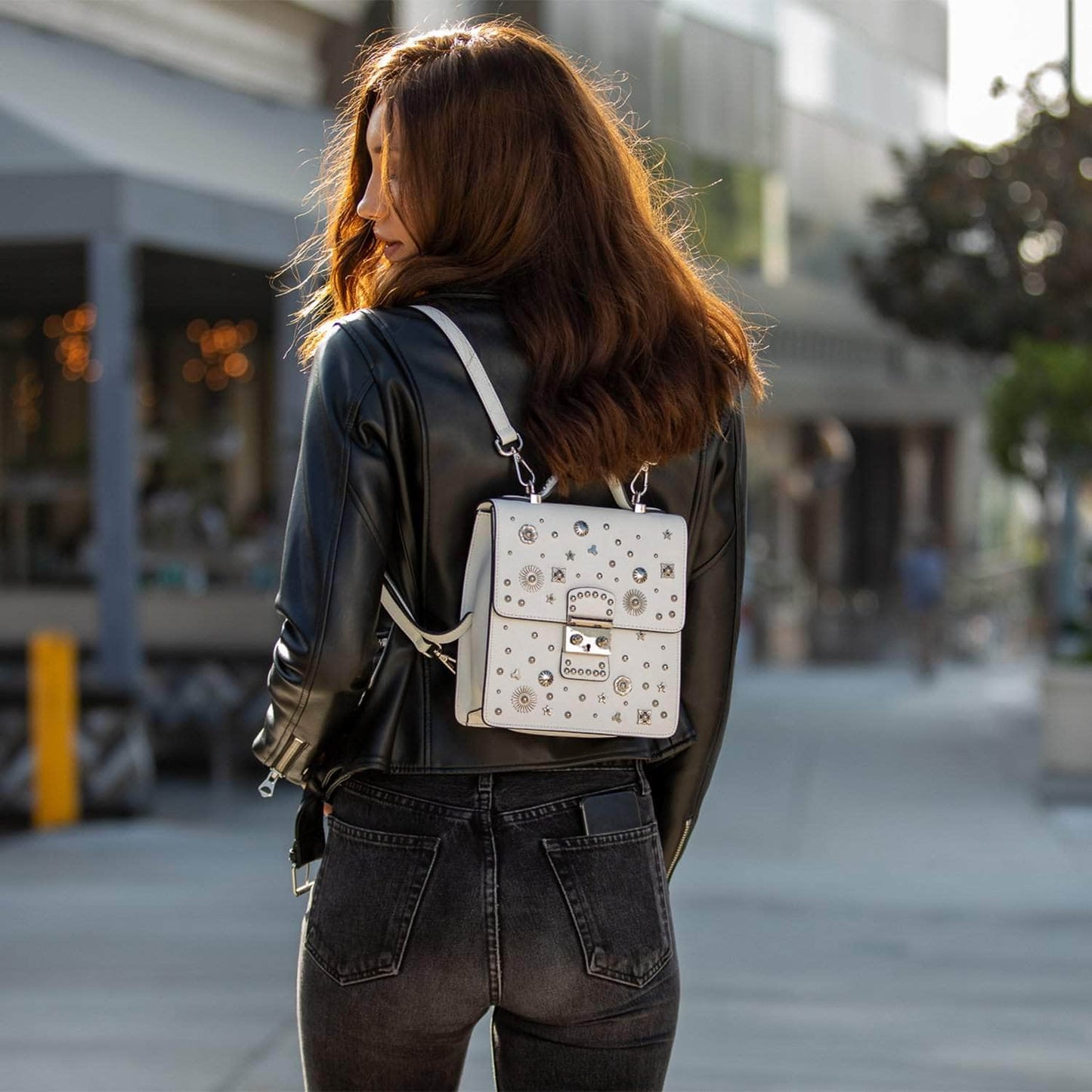 Hollywood White Leather Backpack Purse