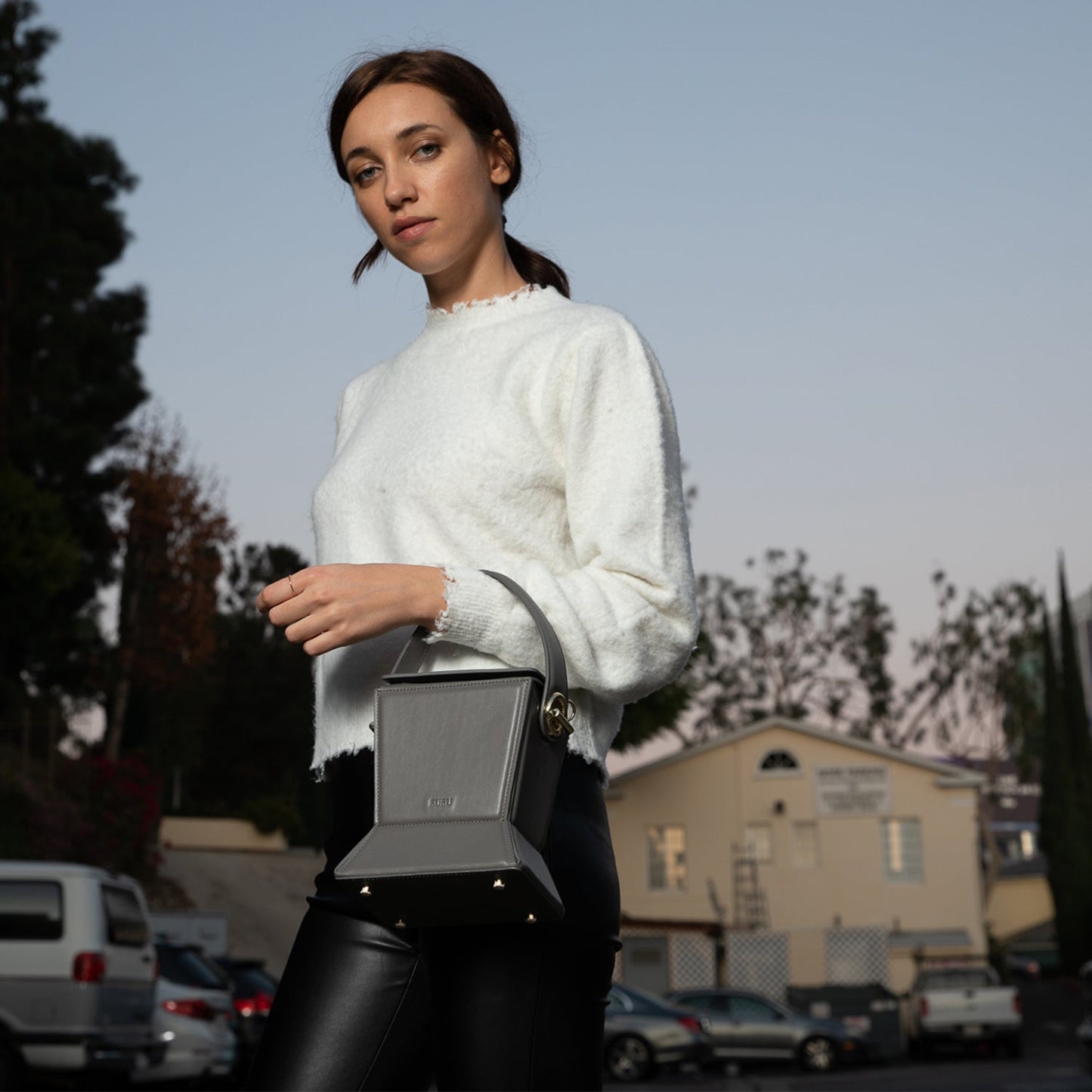 Amber Gray Leather Bucket Bag